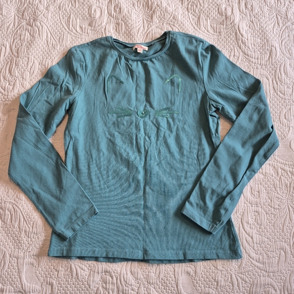 du pareil au meme girls size 12 years teal long sleeve shirt cat sequin design